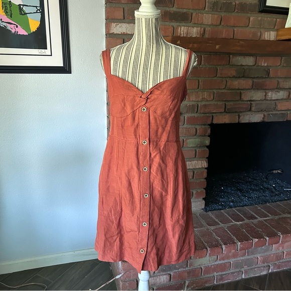 Anthropologie Maeve Twist-Front Linen Blend Mini Dress in Burnt Orange Sz L - Picture 3 of 9